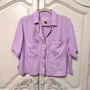 Universal Thread Oversized Cropped Linen Rayon Button-Down Shirt, Size Medium